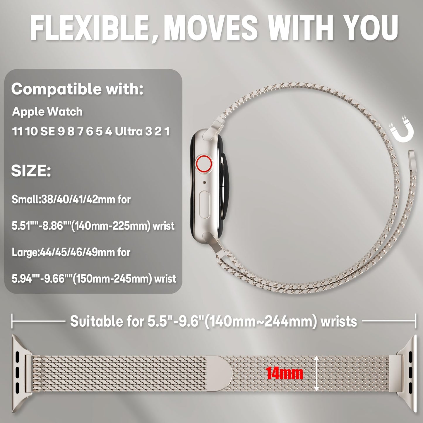 Slim Milanese Loop Compatible with Apple Watch Bands for Women Men 38mm 40mm 41mm 42mm 44mm 45mm 46mm 49mm, Stainless Steel Magnetic Mesh Strap for iWatch Series 11 10 SE 9 8 7 6 5 4 Ultra 3 2 1