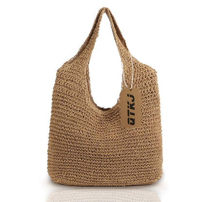 QTKJ Hand-woven Soft Large Straw Shoulder Bag Boho Straw Handle Tote Retro Summer Beach Bag Rattan Handbag