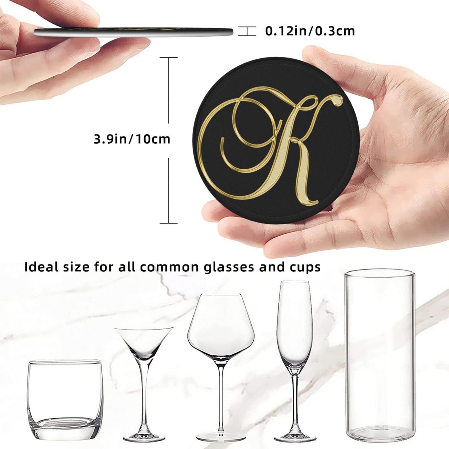 Famame 6 Pcs Letter K Alphabet Gold Print Leather Coasters for Drinks with Holder Coaster Sets Drink Table Cup Coasters for Living Room Kitchen Coffee Decor