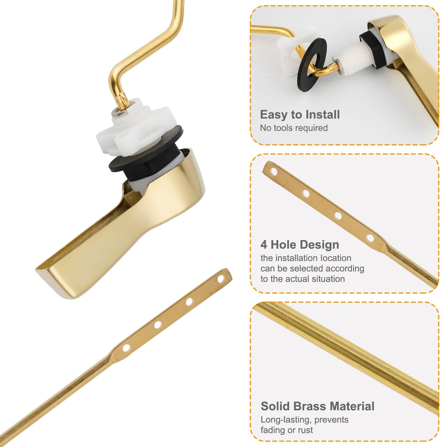 Hibbent Universal Metal Side Mount Toilet Handle Replacement Kit, Brass Toilet Flush Tank Lever with Stainless Steel Flapper Chains for Most Toilets, Shiny Gold