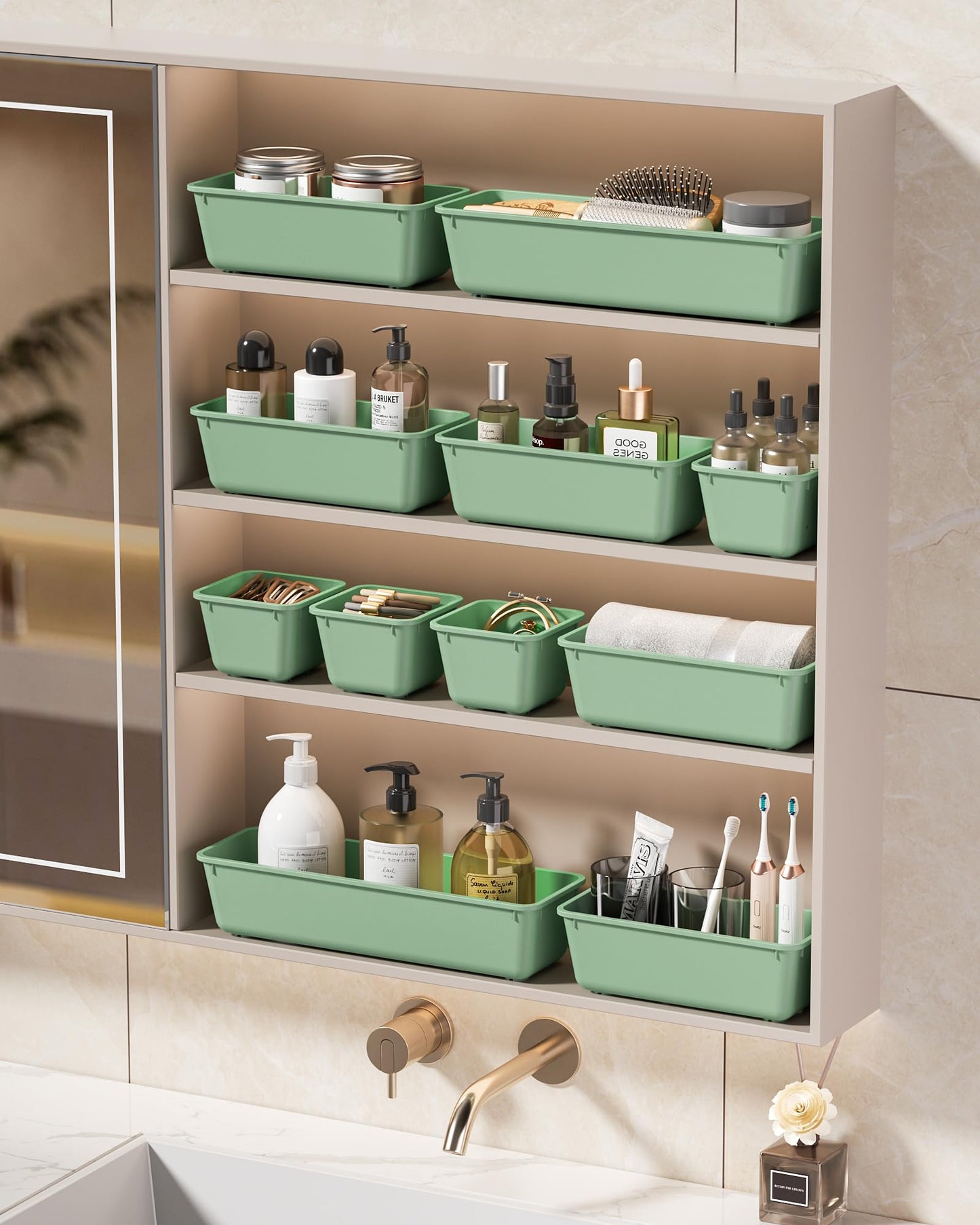 KEMETHY 25 PCS Plastic Drawer Organizers Set, 4 Sizes Vanity Organizer, Makeup and Desk Drawer Organizer Trays, Organization and Storage for Makeup, Bathroom, Kitchen Utensils and Office (Green)