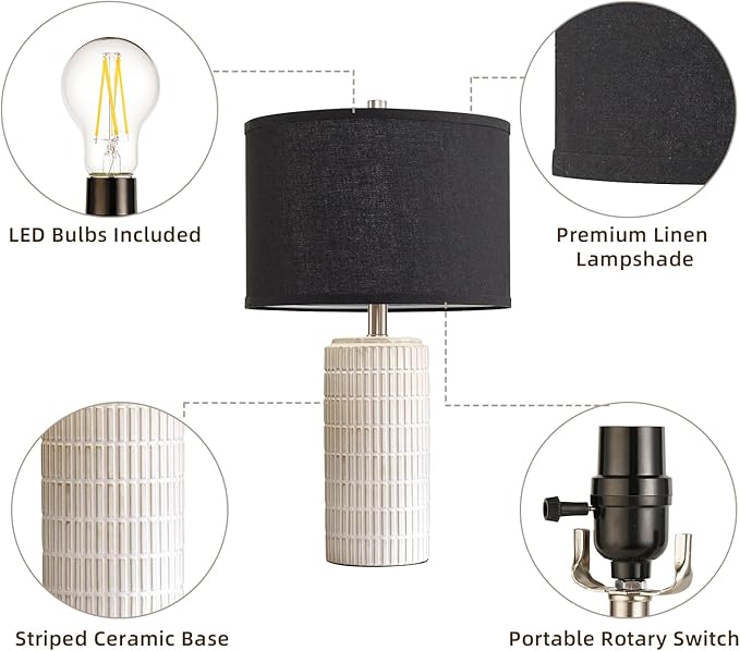23'' Set of 2 Modern Ceramic Table Lamps, Minimalist Bedside Lamp, Rustic Nightstand End Table Lamp for Bedroom, Living Room, Study Room, Office, 2 LED Bulbs Included (Black)