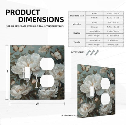 Decorative Art Light Switch Covers Butterflies & Peonies 2 Gang Single Toggle Duplex Combination Electrical Faceplate Switchplate Wall Plate for Home Decor