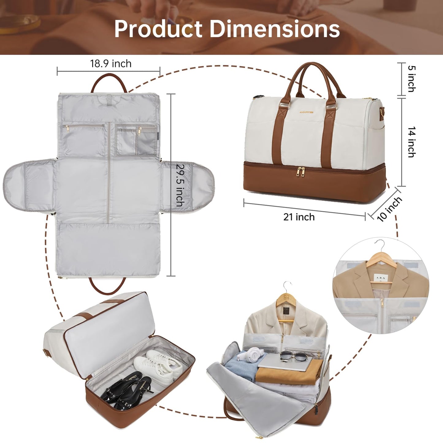 Convertible Garment Duffel Bag for Travel,2 in 1 Weekender Bag Hanging Suitcase for Women with Shoe Compartment, Carry On Suit Bags Travel Duffle Bag Beige