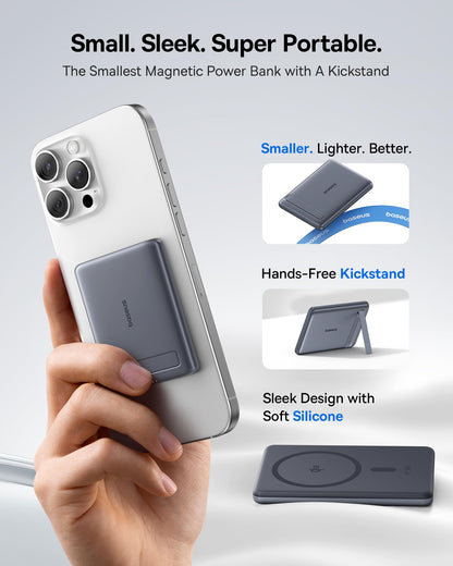 Baseus Picogo Power Bank, Smallest 5000mAh Magnetic Portable Charger with Stand, Qi2 Certified 15W Ultra-Mini MagSafe Battery Pack, Alloy Wireless Travel Fast Charger for iPhone 16/15/14/13/12 Series