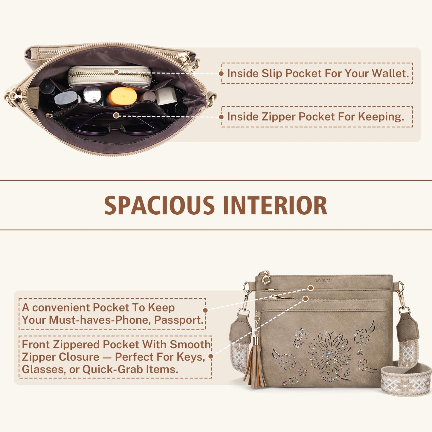 HAYRVANE Crossbody Bags for Women Designer Leather Cross Body Purses Multi Pocket Shoulder Handbags with Wide Strap
