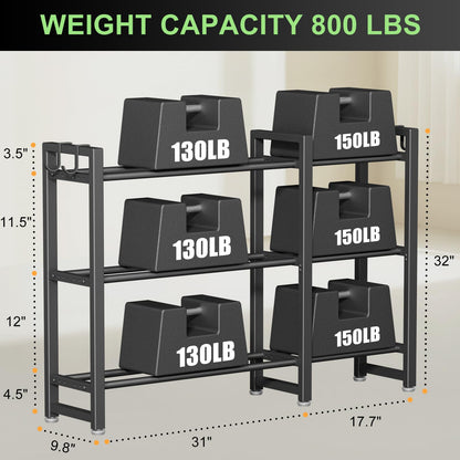 800LBS Capacity Multifunctional Home Gym Storage Rack with Side Hooks, Heavy Duty Adjustable Weight Storage Rack for Dumbbells Kettlebells Yoga Mat, Space Saving Workout Equipment Storage Organizer