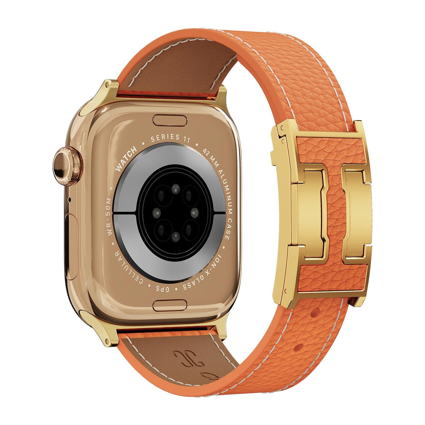 Leather Band Compatible with Apple Watch BandUltra 2 1 Series 10/9/8/7/6/5/4/SE,H-Shaped Buckle strap for iWatch 38/40/41/42/44/45/46/49mm Women Men (Orange Band + Gold H Buckle, 38mm 40mm 41mm 42mm)