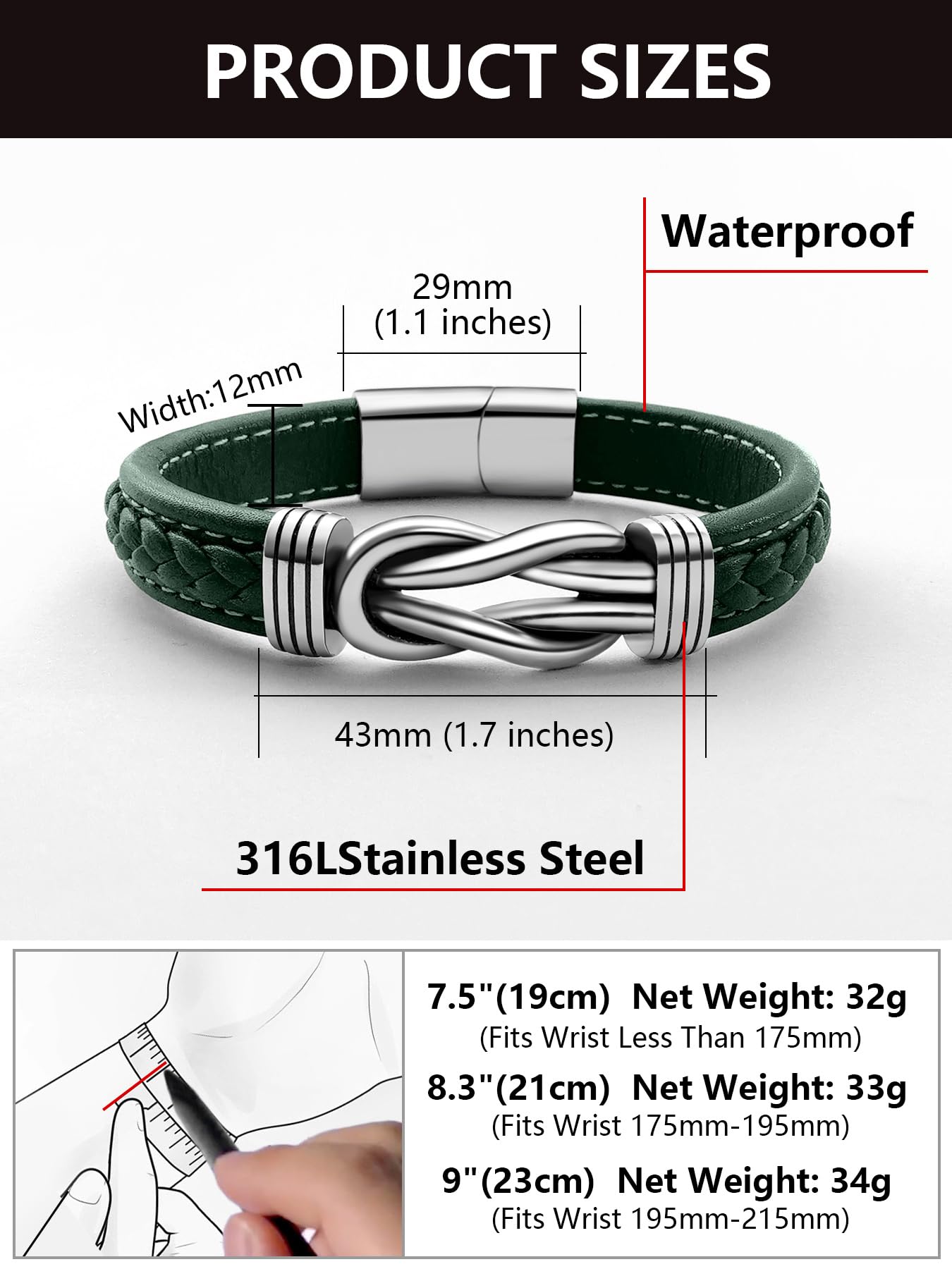 Oaldilee Mens Braided Leather Bracelet, Green Wax Rope Braided Leather Infinity Knot Bracelets for Men with Steel Clasp, 7.5in Length