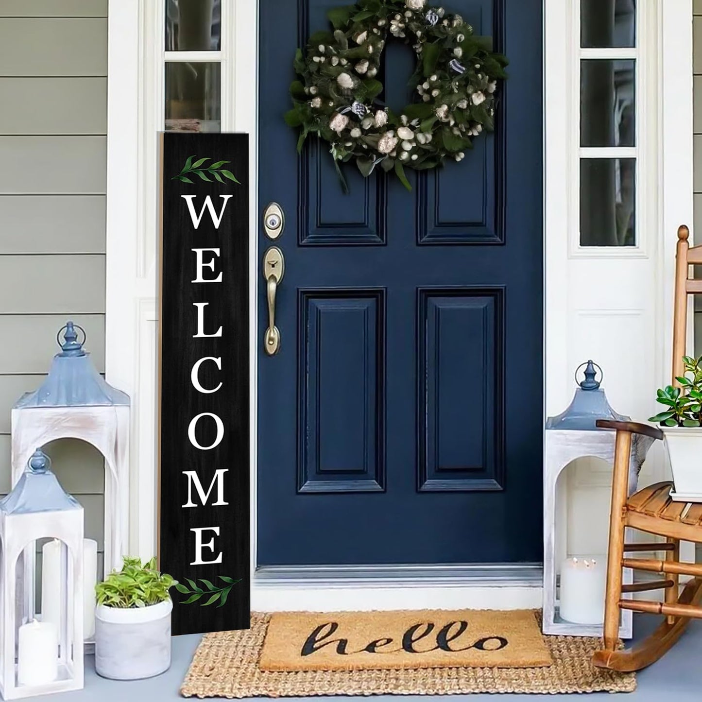 Welcome Wooden Porch Sign 47" Front Door Rustic Standing Large Welcome Porch Sign for Home Front Door Yard Season Party Decor (Black)