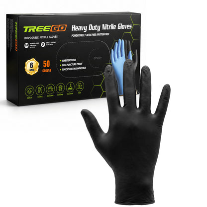 TREEGO 6 Mil Black Nitrile Gloves Large – Heavy Duty Disposable Latex & Powder Free, Chemical Resistant, Textured Grip for Mechanic, Automotive and Food Handling – 50 Count