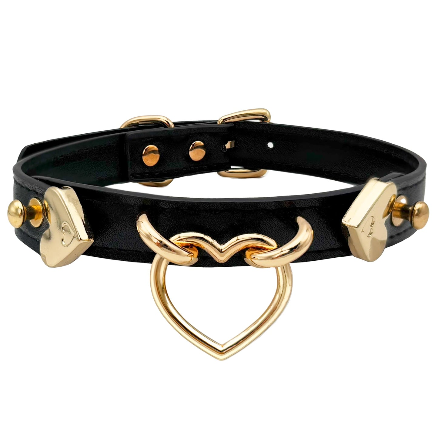 EverGlimp Handmade Leather O-Ring Choker Necklace for Women - Adjustable Punk Gothic Collar with Gold-Tone Accents (Black-Heart)