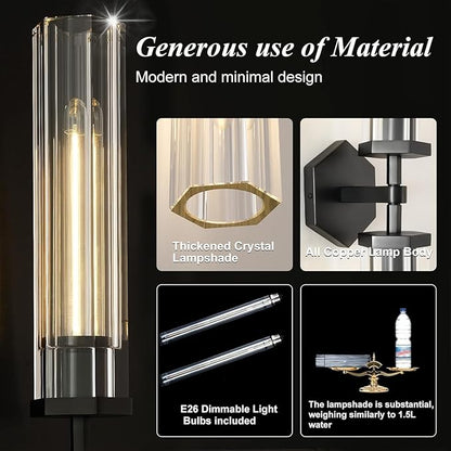 Black Crystal Bathroom Wall Sconces Set of Two Modern Bathroom Vanity Llight Fixture,28.5in Linear Sconces Wall Lighting,Indoor Wall Sconce Light for Bedroom,Hallway,Staircase,Living Room,Dining Room