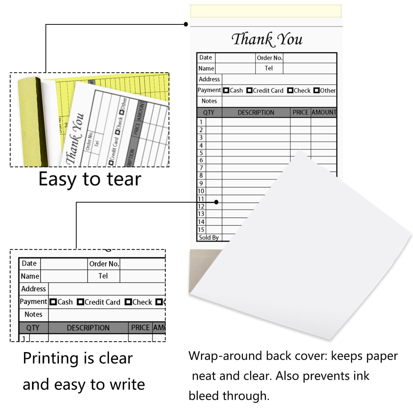 XUEJITECH 250 Sets Thank You Receipt Book with Carbonless Copies, 5.5 x 8.5 in Invoice Receipt Book for Small Business - White/Yellow