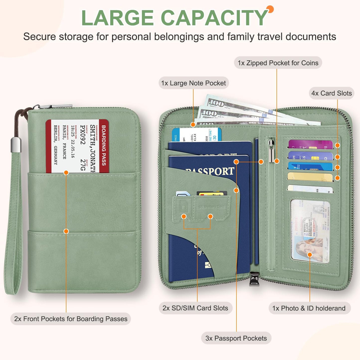 ZENTREON Family Passport Holder Wallet with Zipper, RFID Blocking Travel Document Organizer, PU Leather Passport Wallet for Women Men, Passport Cover Travel Wallet for Boarding Pass, ID, Money, Ticket