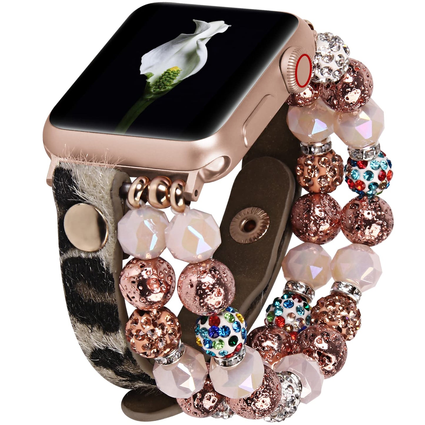 VIQIV Bracelet Band Compatible with Apple Watch 41mm/40mm/38mm Series 7 6 5 4 3 2 1 for Women Girls, Fashion Multi-Wraps Elastic Glitter Beaded Leopard Leather Strap for iwatch Bands