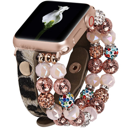 VIQIV Bracelet Band Compatible with Apple Watch 41mm/40mm/38mm Series 7 6 5 4 3 2 1 for Women Girls, Fashion Multi-Wraps Elastic Glitter Beaded Leopard Leather Strap for iwatch Bands