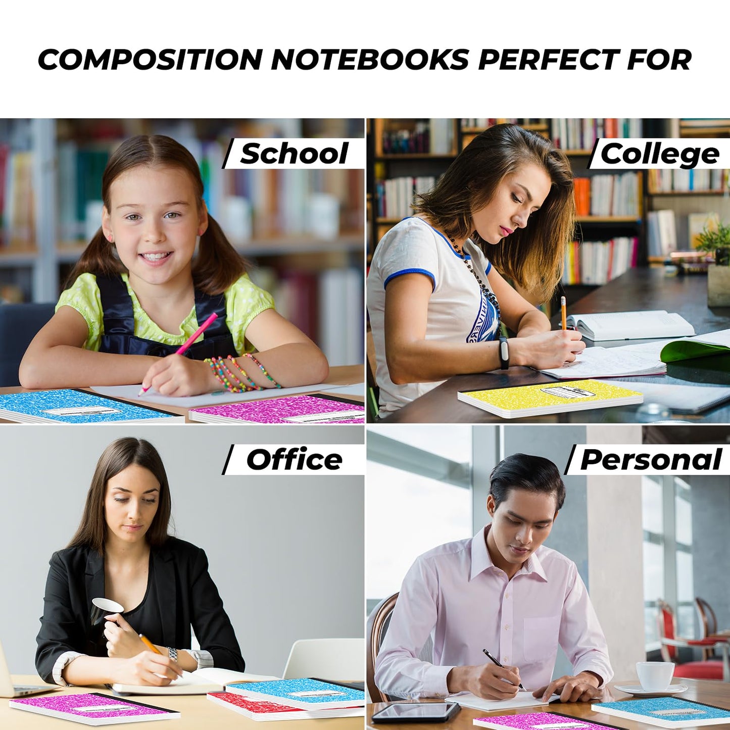 Rosmonde 5 Pack Composition Notebook Wide Ruled, 200 Pages (100 Sheets), 9-3/4x7-1/2, Notebooks for Work, Back to School Supplies, Hard Cover Composition Books, Notebooks for Women, Colors May Repeat