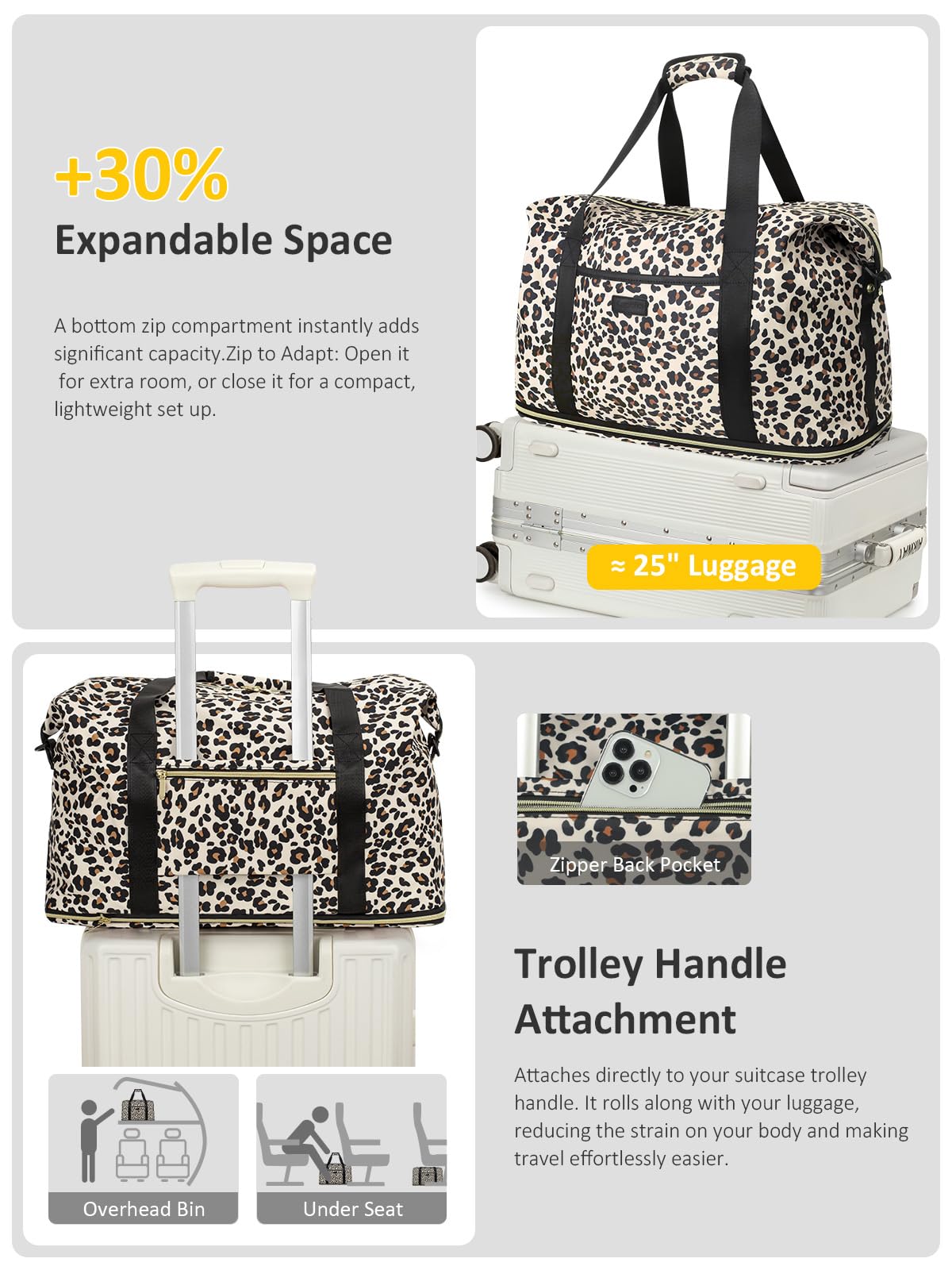 Expandable Travel Duffle Bag, Waterproof Weekender Overnight Bags for Women Men Hospital Bag for Women Labor Delivery Carry on Bag with Toiletry Bag for Travel Gym Airplanes(Leopard, Large)