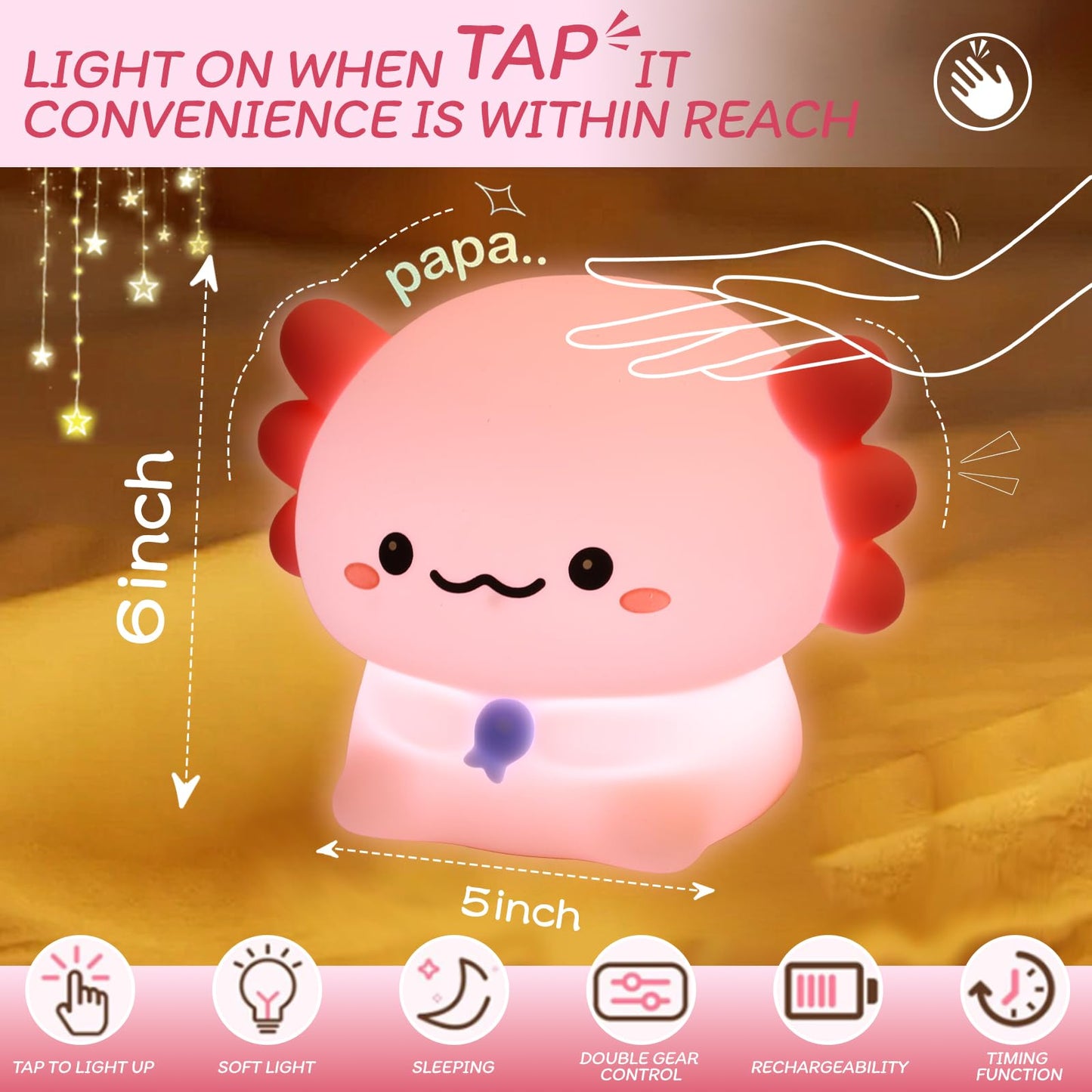 MAGOHMT Axolotl Night Light for Kids - 3-Level Dimmer & Auto-Off Timer, Child-Safe Silicone Lamp, USB-C Rechargeable Nursery Light for Bedroom Breastfeeding (Squishy Animal)