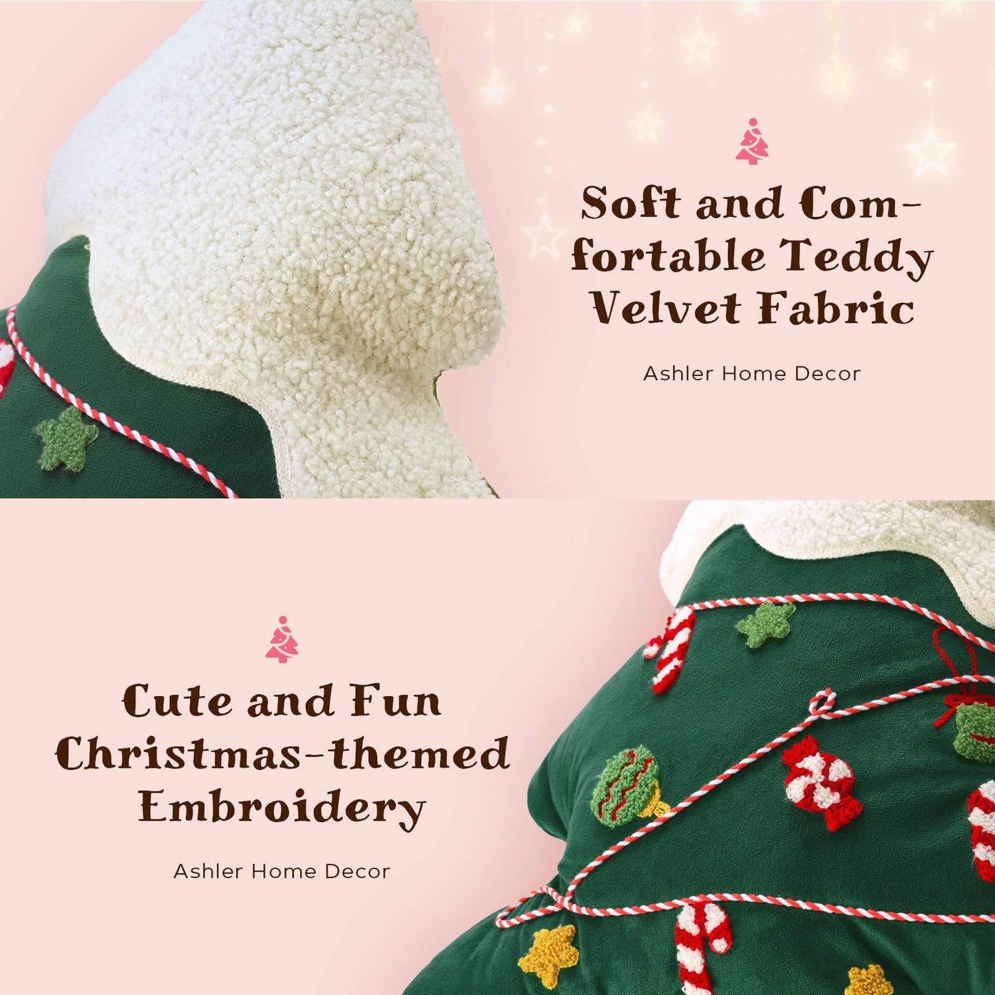 Ashler Merry Christmas Tree Shaped Pillow, Pine Tree Christmas Throw Pillow, White Teddy & Soft Velvet Xmas Decorative with Cute Embroidery, for Couch, Bedroom, Living Room, Green, 19x17 inches