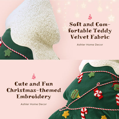 Ashler Merry Christmas Tree Shaped Pillow, Pine Tree Christmas Throw Pillow, White Teddy & Soft Velvet Xmas Decorative with Cute Embroidery, for Couch, Bedroom, Living Room, Green, 19x17 inches