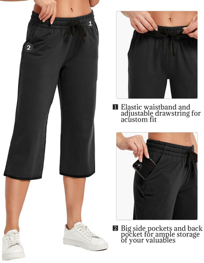 SPECIALMAGIC Women Capri Pants Cotton Yoga Wide Leg Pajama Pants Capris Sweatpants Sports Black Large
