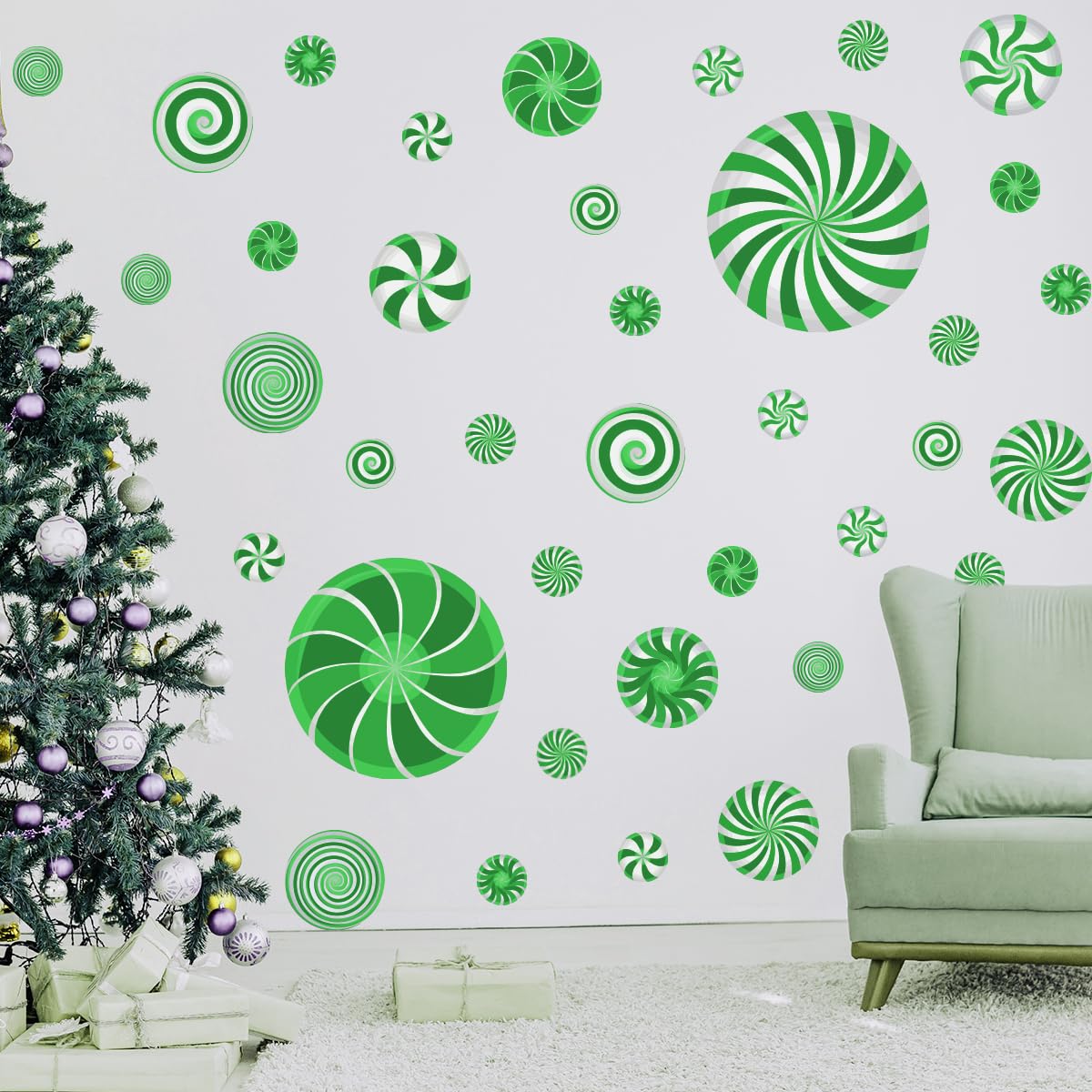 77 Pcs Christmas Candy Wall Decals Decorations Christmas Wall Stickers Green Peppermint Candy Floor Decals for Xmas Candyland Party Decorations