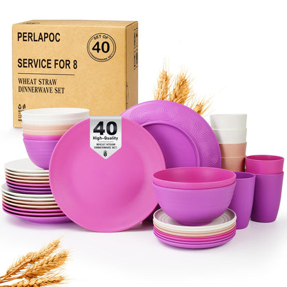 Wheat Straw Dinnerware Set 40-Piece Service for 8 Unbreakable Dishes Set Plates and Bowls Sets Drinking Glasses Microwave Safe Dish Set Lightweight Dinnerware Set for Home & Kitchen - Yellow