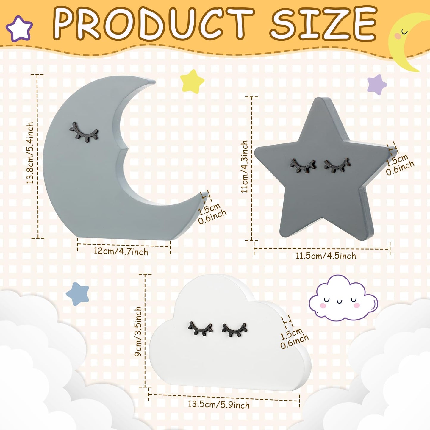 Briwooody 3 Pcs Moon Stars and Cloud Celestial Nursery Decor Bohemian Wood Nursery Shelves Decoration Wooden Nordic Boho Baby Wall Adornment for Bedroom Wedding Baby Shower Boys Girls Kids