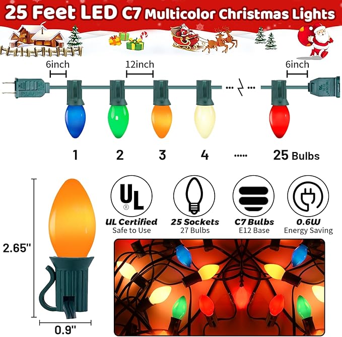 Christmas Decorations - C7 LED Christmas Lights Outdoor, 25Ft Vintage Christmas Lights Multicolor LED Christmas Tree Lights Shatterproof with 25+2 Bulbs for Christmas Tree Home Yard Decor, 0.6W