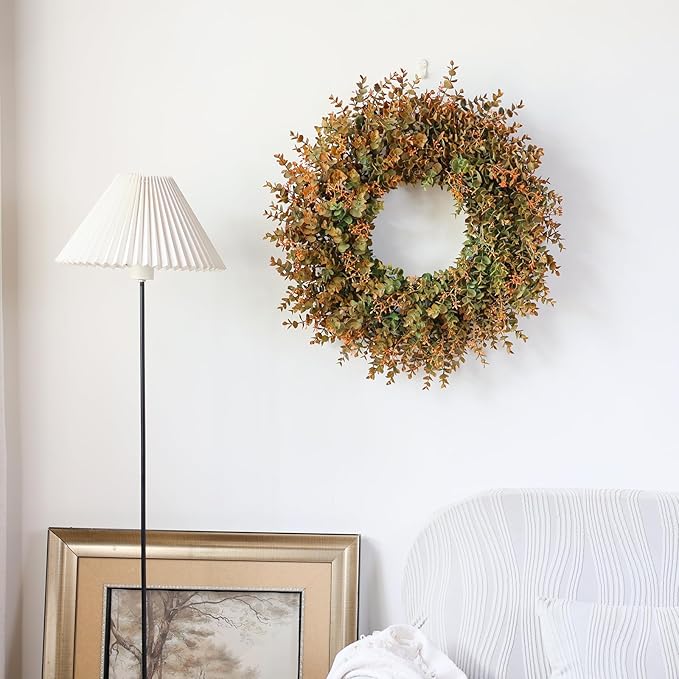 26" Fall Wreath for Front Door - Large Artificial Eucalyptus Leaves with Orange Seeds Outdoor Wreath for Porch, Window,Farmhouse,Home,Thanksgiving Day Harvest Festival Autumn Decor