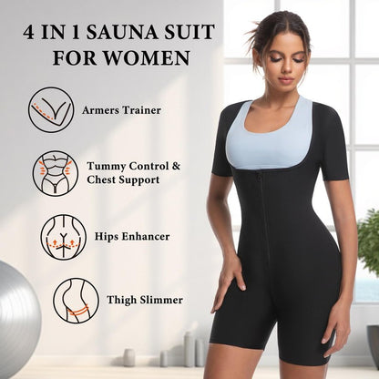 Meiosuns Sauna Sweat Suit for Women Weight Loss Waist Trainer Full Body Compression Sweat Suit 4 in 1 Slimming Heat Trapping Sauna Shirt for Workout Bodysuit Gym Fitness Shaper Thighs (Blue,XL)
