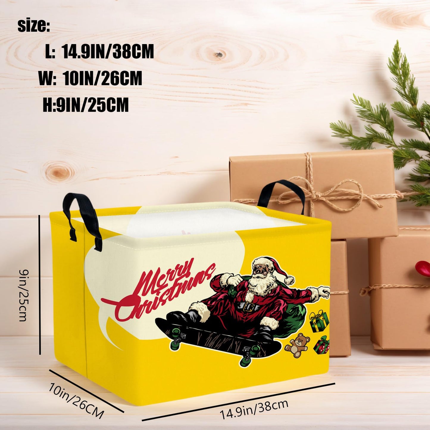 NIETEIN Large Kids Christmas Holiday Gift Empty Baskets Collapsible Families Holiday Storage Bin with Handle (Santa Claus Skateboarding)