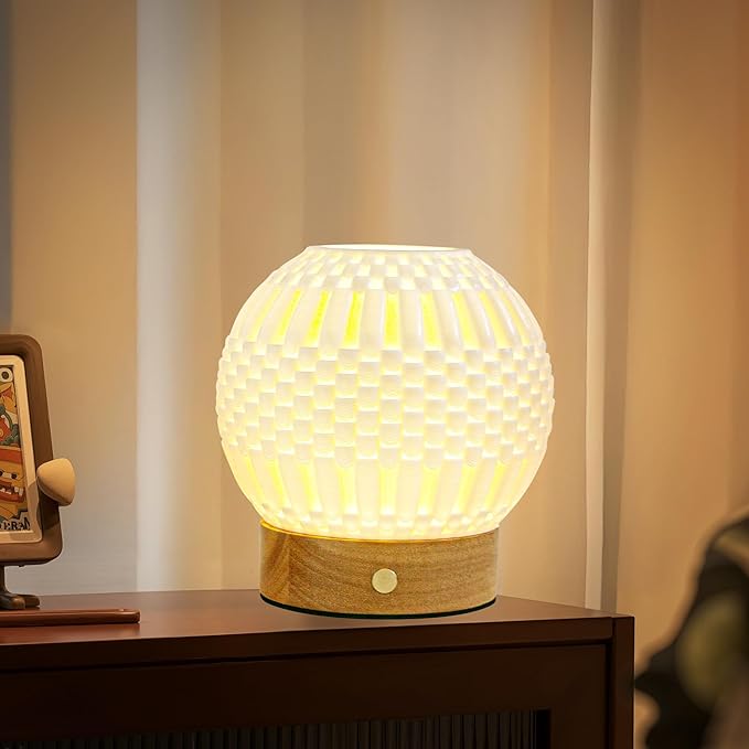 Touch Bedside Table Lamp - 3D Printed Modern Ceramic Lamp for Bedroom, Living Room, Nightstand, Desk, with Wooden Base, 3-Color Dimmable Modes, USB-C Powered (PSL25059)