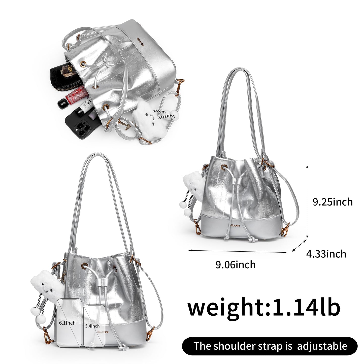 Hobo Bucket Bags for Women PU Leather Trendy Shoulder Purses Small Crossbody Bag 2025 Fashion Daily Convertible Backpack Purse with Adjustable Strap Sliver