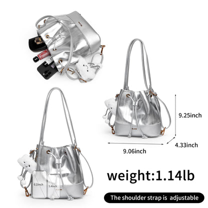 Hobo Bucket Bags for Women PU Leather Trendy Shoulder Purses Small Crossbody Bag 2025 Fashion Daily Convertible Backpack Purse with Adjustable Strap Sliver