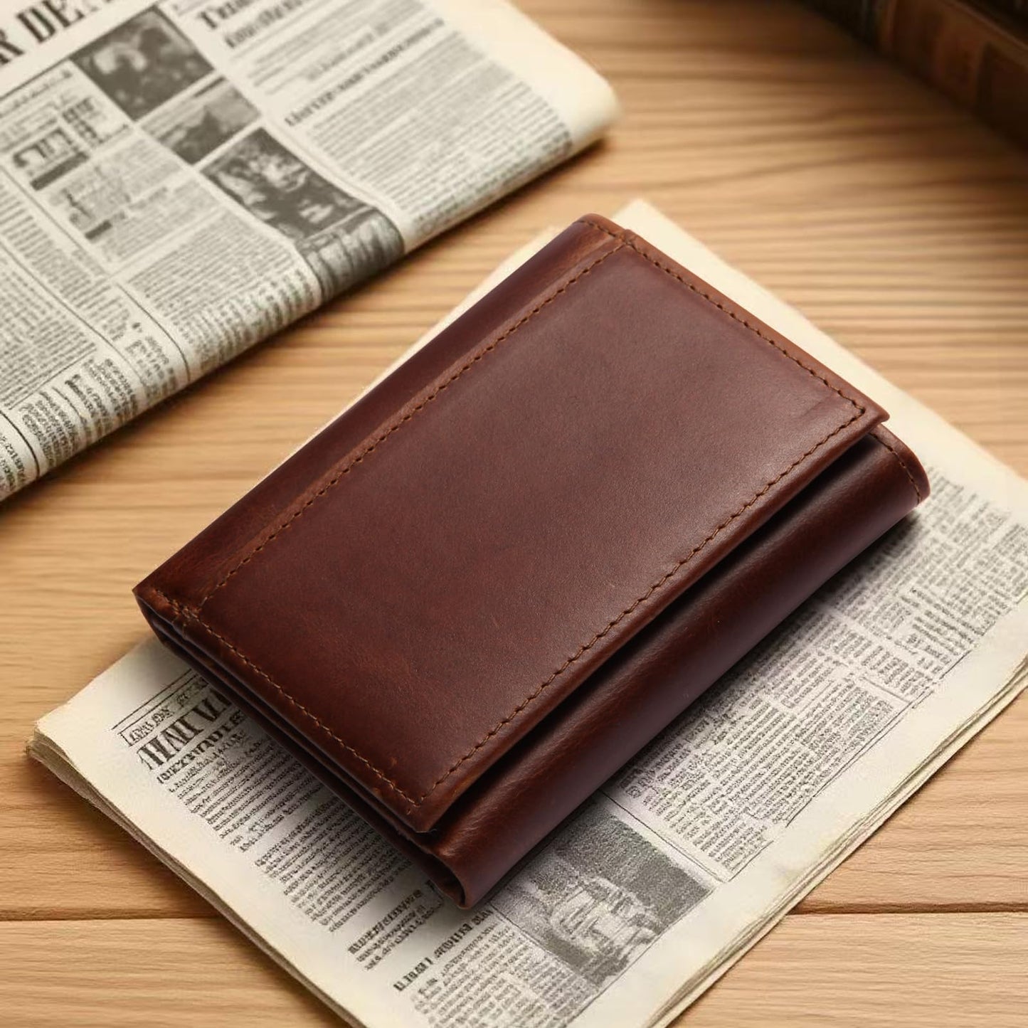 WULOUJIE Mens Trifold Wallet with 2 ID Window，Large-capacity Genuine Leather RFID Blocking Wallet for Men (Brown)