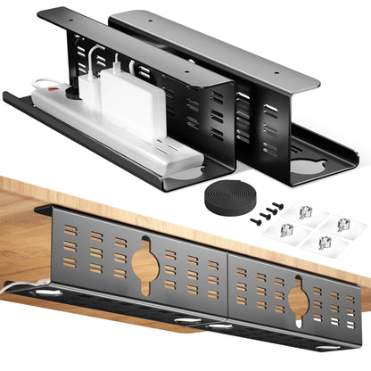 2 Pack Cable Management Under Desk Black, Cinati 32" Large Cable Management Tray, Under Desk Alloy Steel Wire Organizers, Cord Hider Tray for Office and Home - Tape or Screw Installation