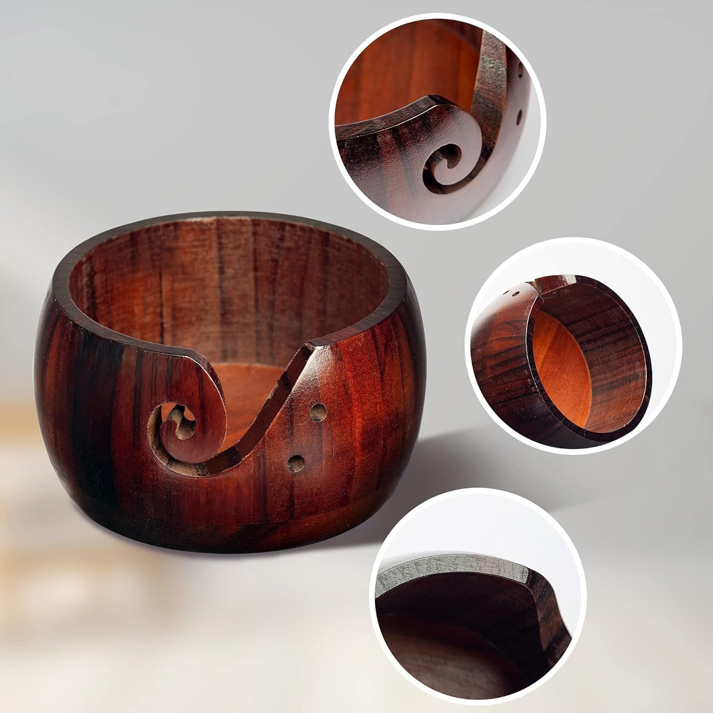 IUAQDP Wooden Yarn Bowl for Crocheting and Knitting, Crochet Wool Yarn Storage Basket Round with Holes Handmade Holder 6" x 3" for Christmas Mothers Day Birthday Hand Made Knitting String Lovers