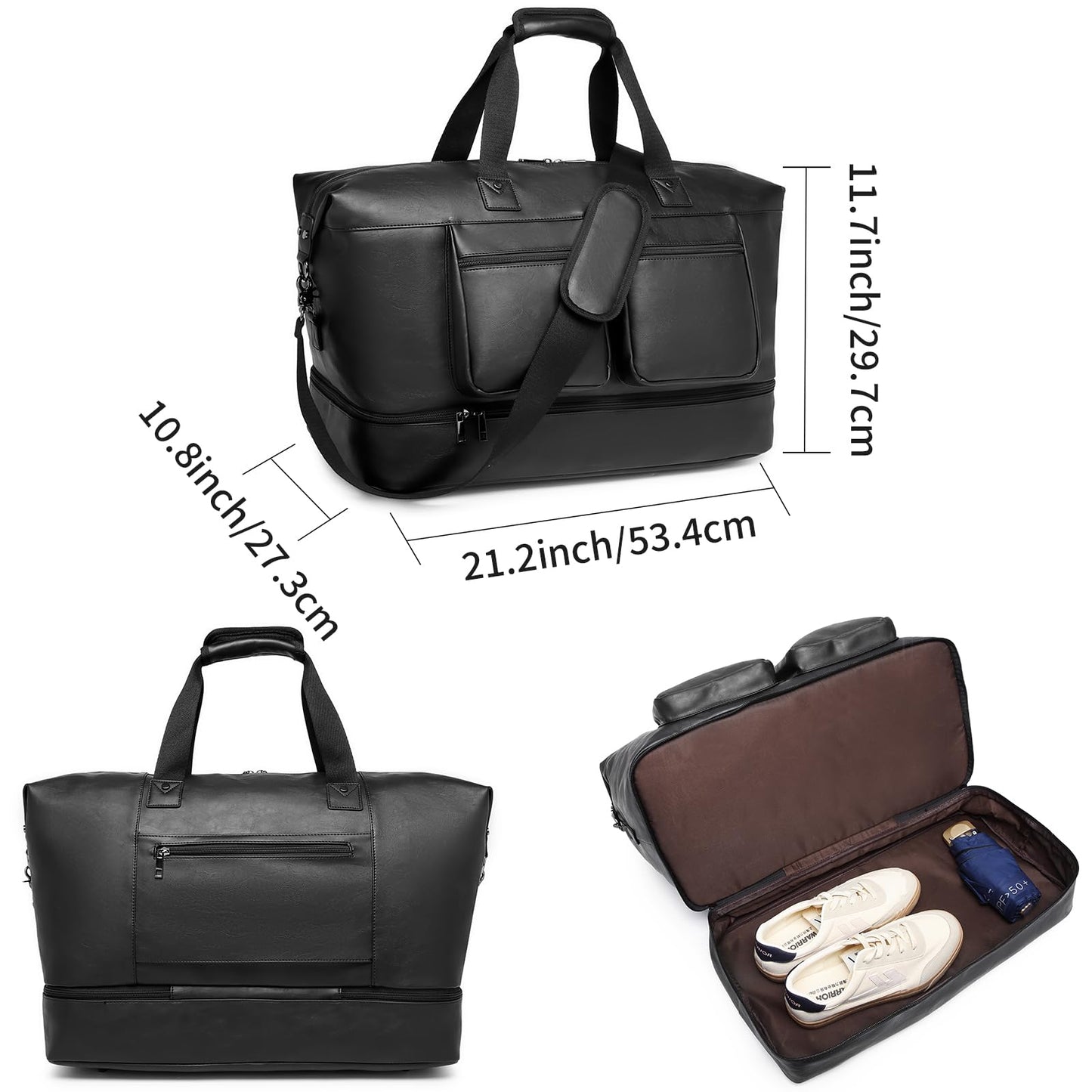 Pu Leather Travel Duffle Bag, Overnight Weekender with Shoe Compartment - Large Gym Bag for Men & Women - Black