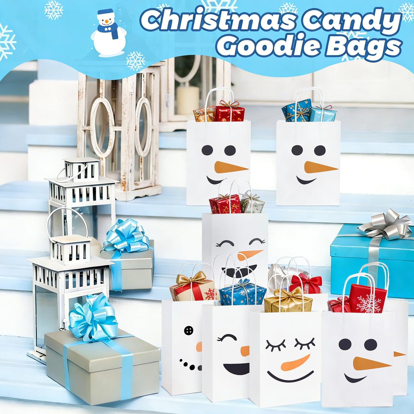 FOGWOWO 48 Pcs Snowman Gift Bags Christmas Winter Gift Bags Bulk with Handles,Snowman Goodie Bags Paper Candy Treat Bag Christmas Party Wrapping Supplies