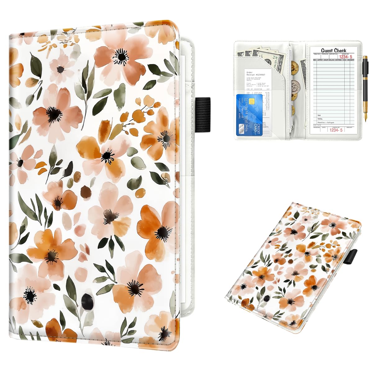 WAVEYU Cute Server Books for Waitress Waiter, Leather Guest Book Note Pad with Zipper, Money Organizer Wallet, Cash Check Bill Receipt Holder Presenter, 8x5 inch, Floral Pattern