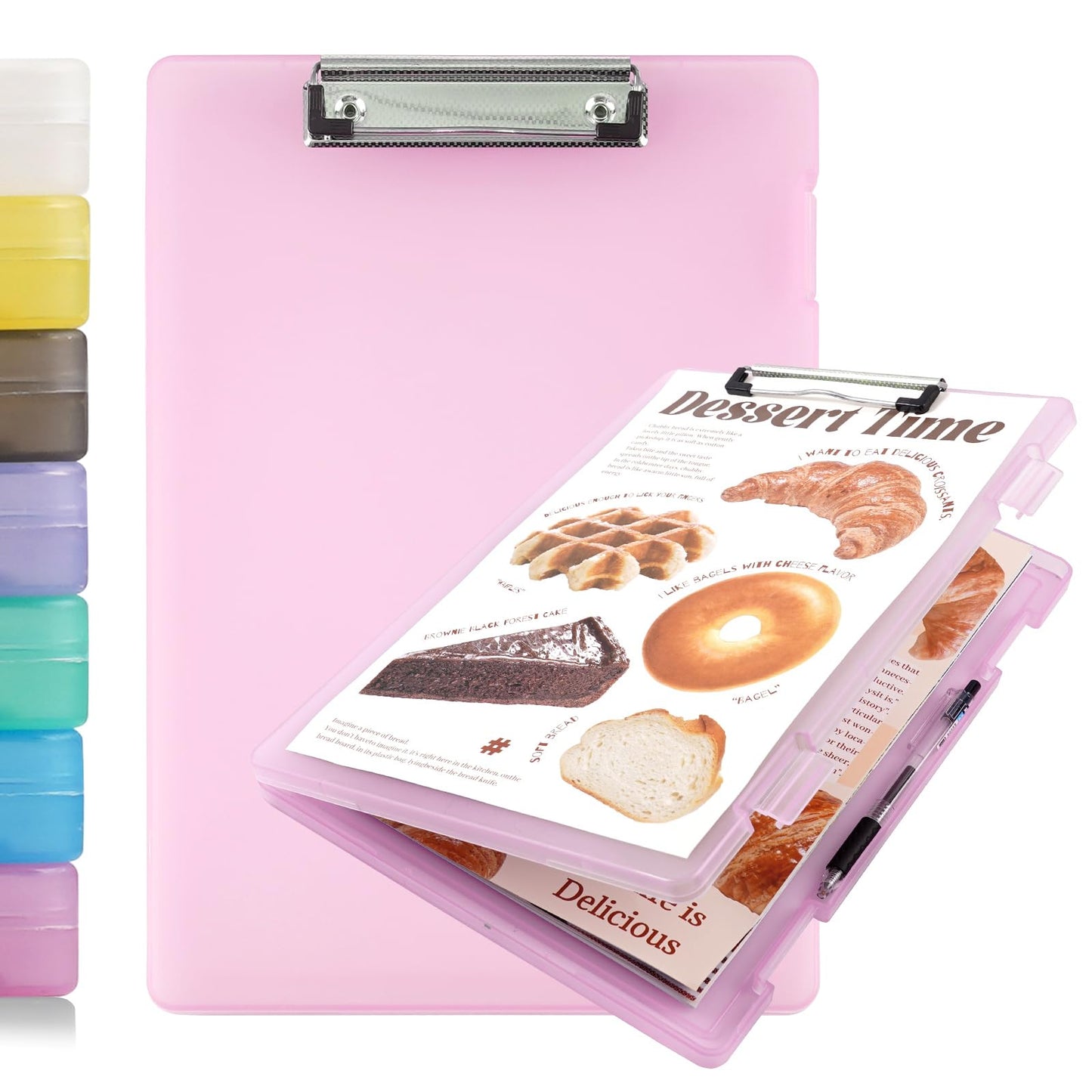 Clipboard with Storage, Clear Pink Plastic Clipboard with Side Opening, Waterproof Foldable Heavy Duty Nursing Clip Board for School & Office, Letter Size/ A4 with Christmas Stickers (Clear Pink)