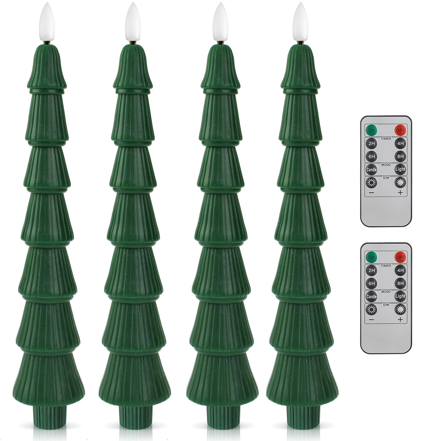 FYBW Christmas Tree Flameless Taper Candles with 10-Key Remote Timer,4 Pcs Green LED Taper Candles with 3D Flame for Holiday Decorations(Green-C)