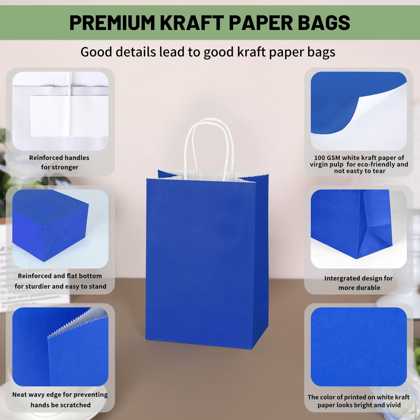 Mlyta 100 Pack 5.25x3.25x8.5 Inch Small Royal Blue Kraft Paper Gift Bags with Handles Bulk for Goodie Party Favor Brithday Grocery Shopping Business Wedding Retail Craft Treat To Go, Merchandise Sacks