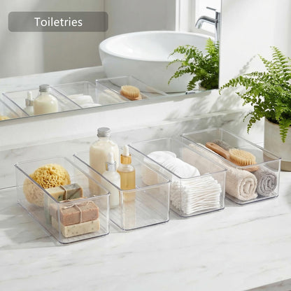 Qilinba 8 PACK Drawer Organizer Bins Bathroom Deep Drawer Organizer Tray for Cutlery Vanity Make-up, Clear Stackable Storage Bins for Kitchen Cabinet Closet Counter Organization and Storage