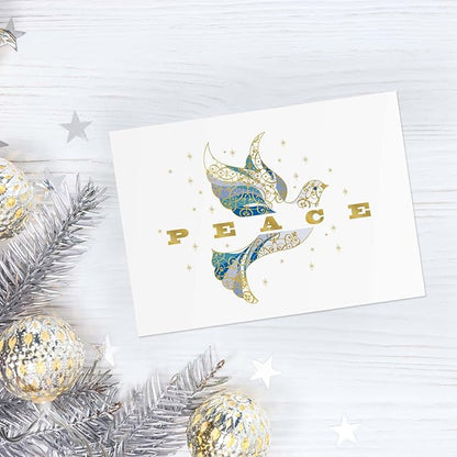 Masterpiece Elegant Dove Christmas Cards / 15 Religious Dove Holiday Cards Set With Gold Foil And White Envelopes / 5 5/8" x 7 7/8" Greeting Cards With Inside Verse