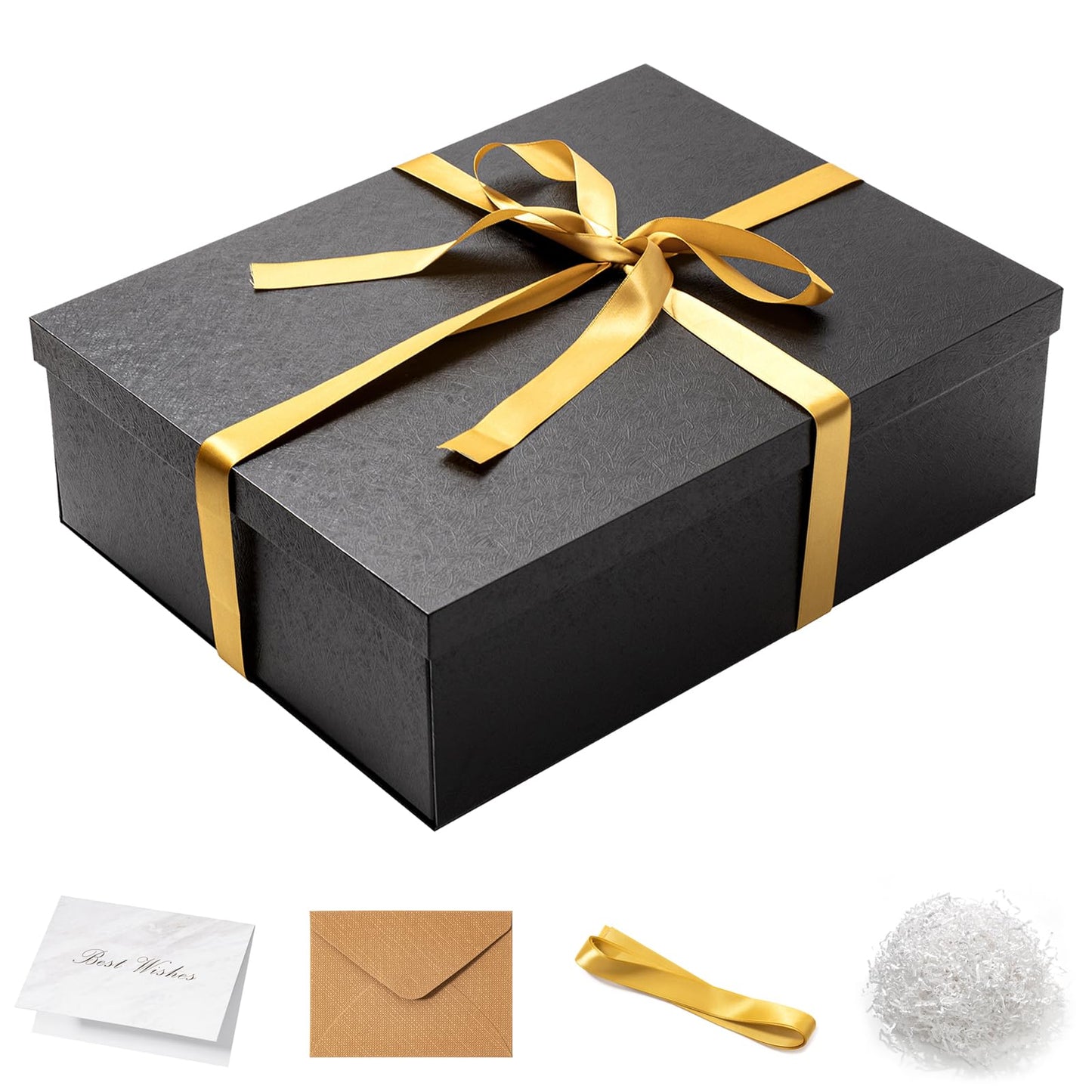 Mefleet 17x13x5 Inches Large Gift Box with Lid for Presents 1 Pack Big Deep Black Gift Boxes for Christmas, Birthday, Valentine's Day,Mother's Day Presents - Contains Crinkle Paper,Ribbon and Card