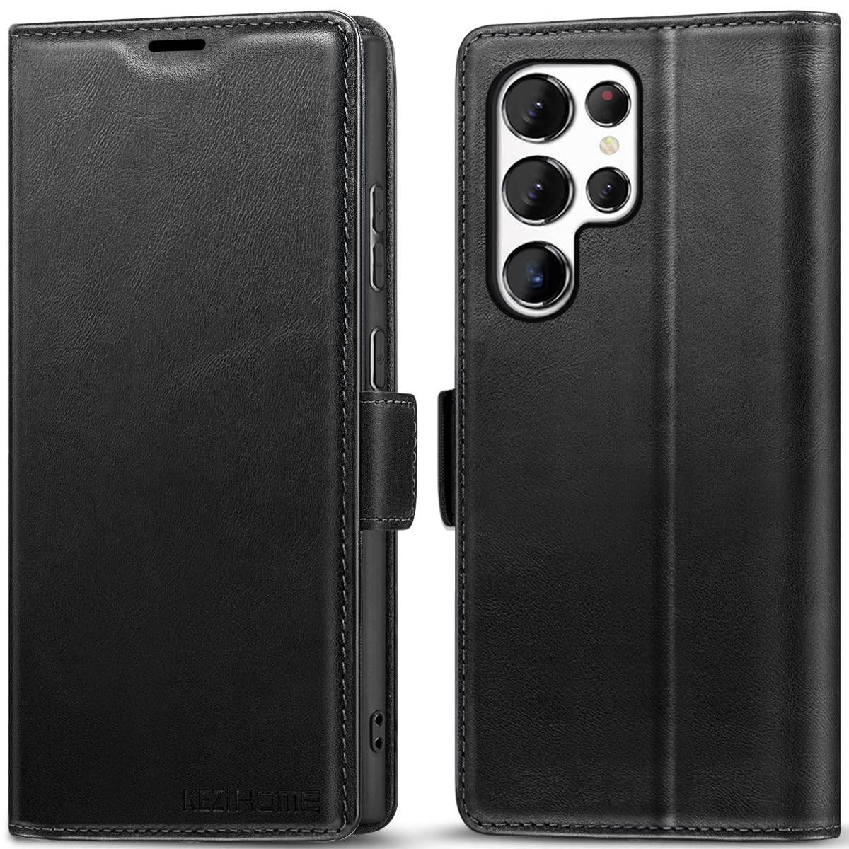 KEZiHOME for Samsung Galaxy S24 Ultra Case, Genuine Leather Wallet Case [RFID Blocking] Card Slot Kickstand Magnetic Protective Phone Folio Cover Compatible with Samsung S24 Ultra 6.8" (Black)